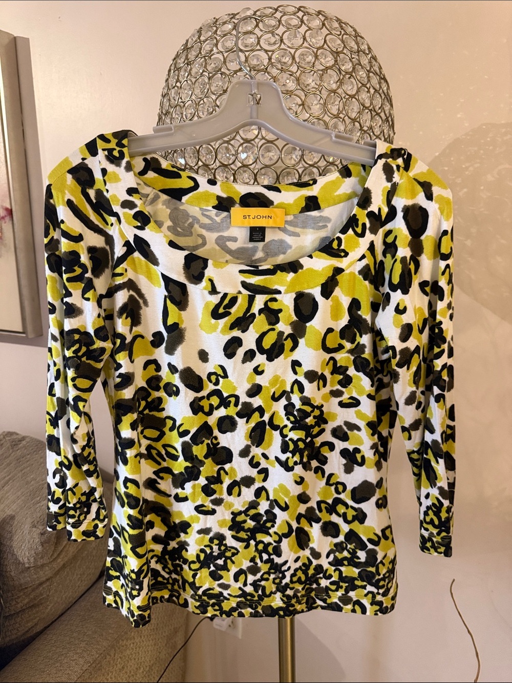 St. John Yellow and Black Leopard Print Scoop Neck Top